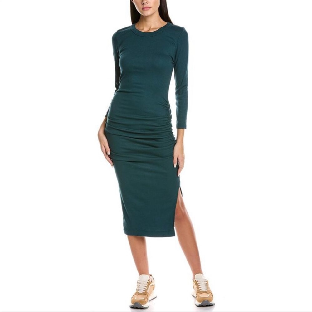 Michael Stars Christina Ruched Midi Dress Ribbed Long Sleeve Side Slit Large
